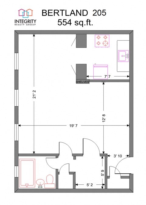 Floor plan for studio, 1 bath, 459 sqft